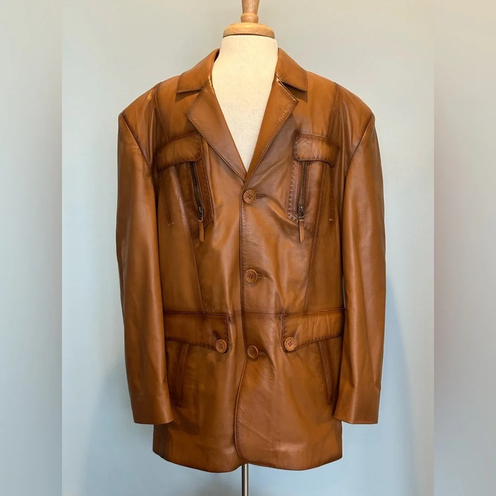 Marcello Sport Buckskin Leather Vintage Sport Jacket detailed Stitching Size XL